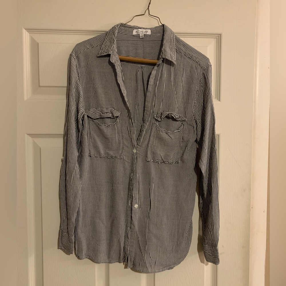 Dark grey and white striped long sleeve button up